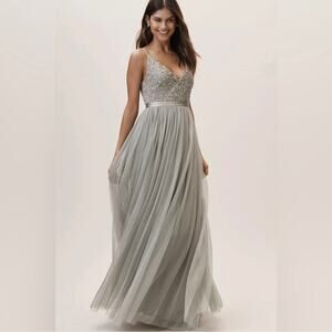 Anthropologie x BHLDN Avery Beaded Tulle Dress Morning Mist Wedding Size 10